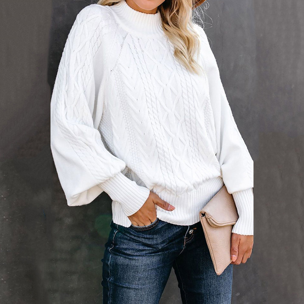 Women's cable knit sweater with turtleneck and balloon sleeves Mune Fashion