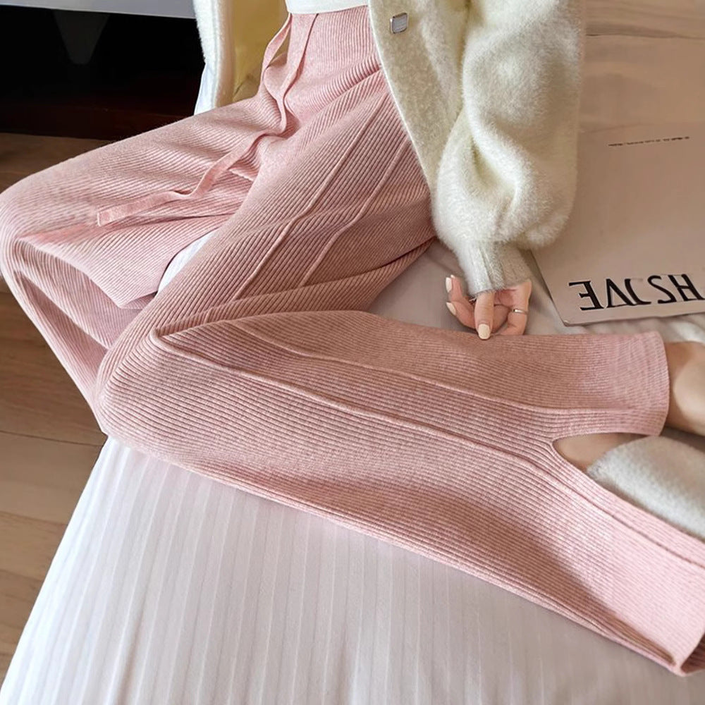 Ladies Stylish Ribbed Knit Pants with Side Slits Mune Fashion