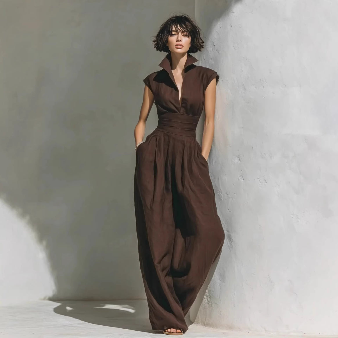 Women's jumpsuit with wide leg, tailored wrap waistband and standing collar Mune Fashion