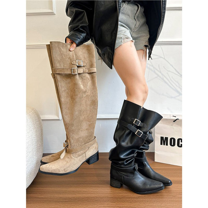 Ladies Knee-High Riding Style Boots with Adjustable Buckles Mune Fashion