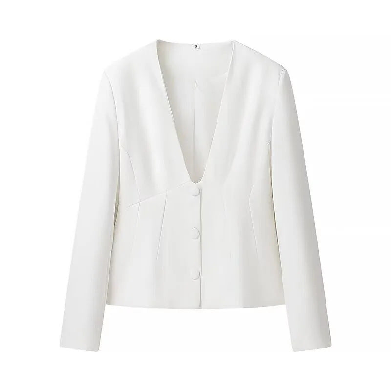 Women's tailored blazer with deep V-neck, decorative Italian seams, and covered buttons Mune Fashion