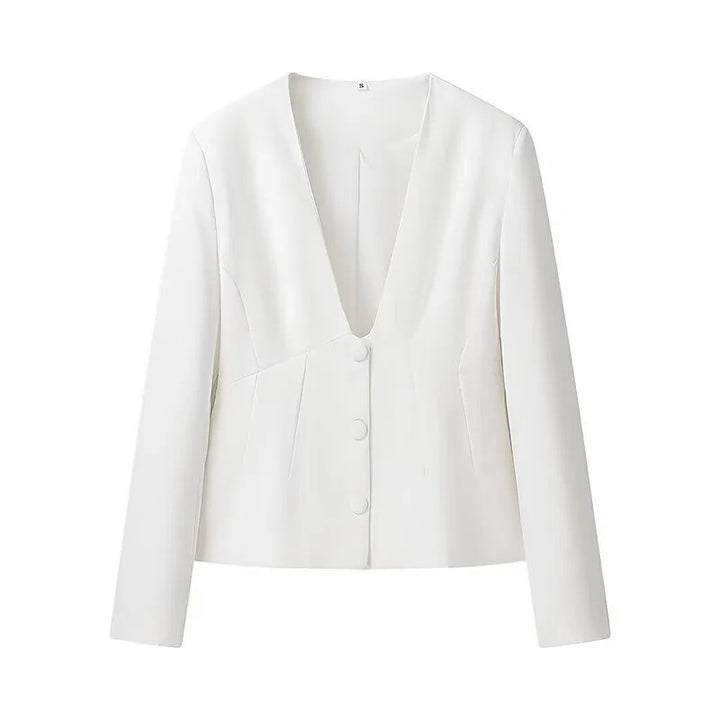 Women's tailored blazer with deep V-neck, decorative Italian seams, and covered buttons Mune Fashion