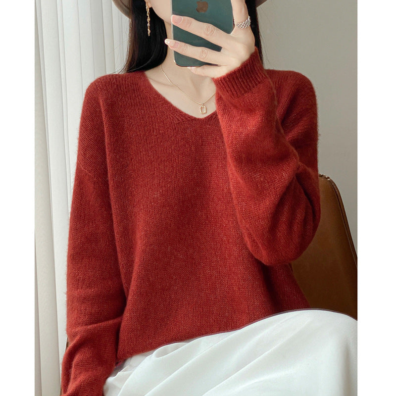 Women's Oversized Fine Knit Sweater with Fine V-Neck and Extended Sleeve Hem Mune Fashion