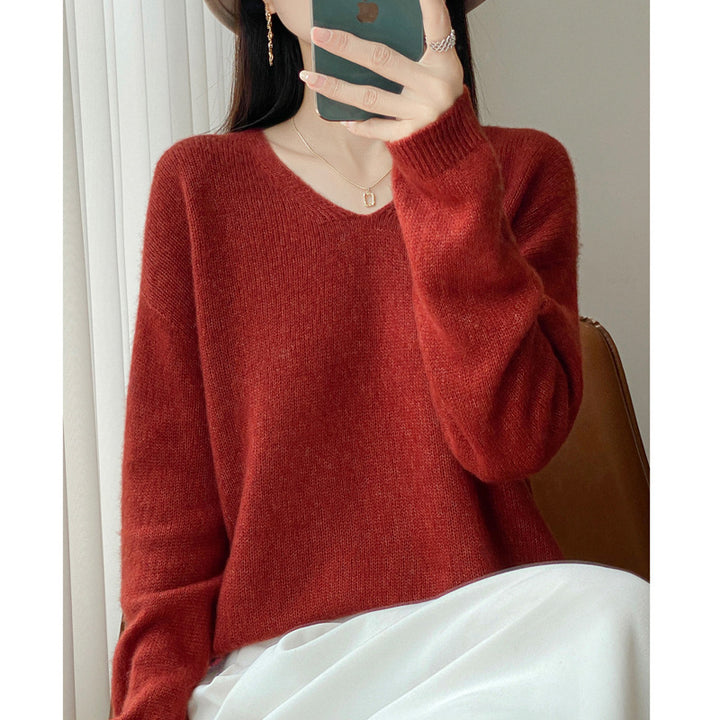 Women's Oversized Fine Knit Sweater with Fine V-Neck and Extended Sleeve Hem Mune Fashion