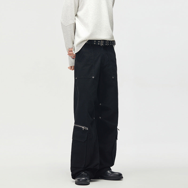 Women's Loose Cargo Palazzo Pants with Zipper and Flap Pockets Mune Fashion