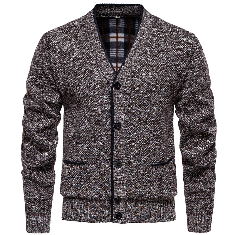 Men's Structured V-Neck Knit Cardigan with Contrasting Edge and Checked Lining Mune Fashion