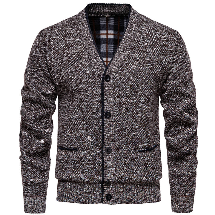 Men's Structured V-Neck Knit Cardigan with Contrasting Edge and Checked Lining Mune Fashion