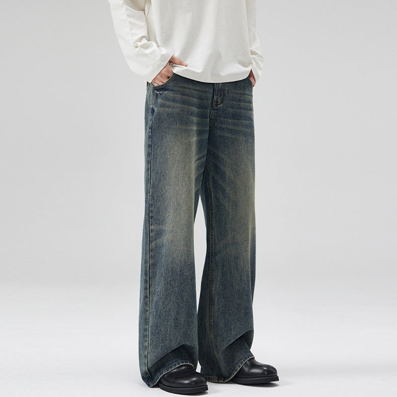 Men's Wide Denim Jeans in Retro Workwear Look with Distinctive Whisker and Pleat Accents Mune Fashion
