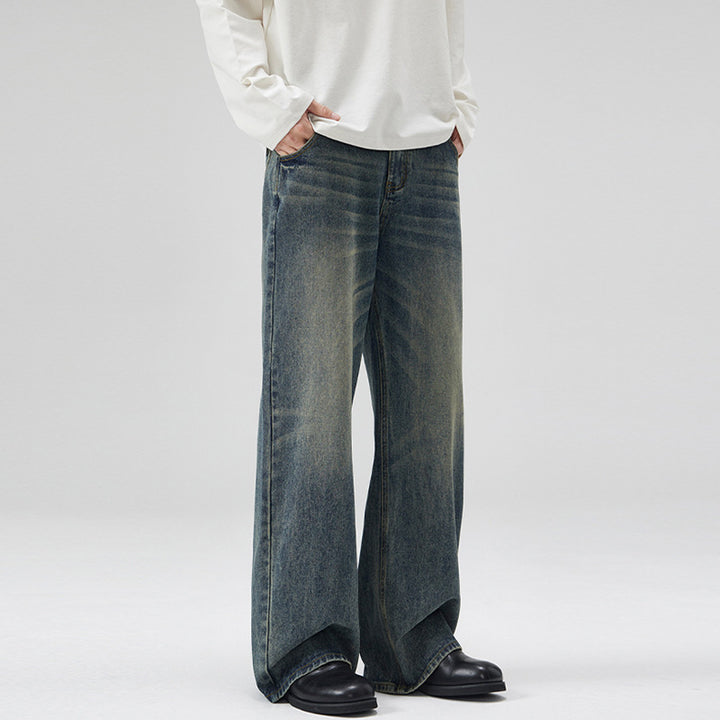 Men's Wide Denim Jeans in Retro Workwear Look with Distinctive Whisker and Pleat Accents Mune Fashion