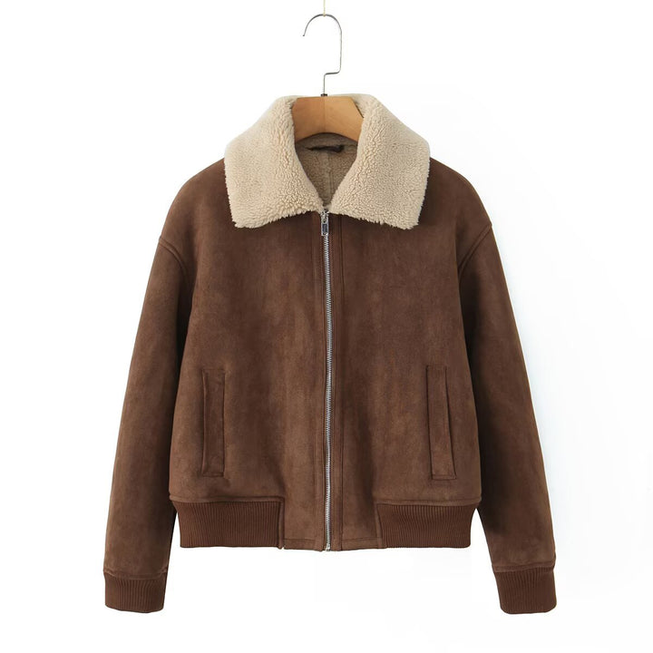 Women's Short Cut Teddy-Lined Suede Look Flight Jacket with Zipper Mune Fashion