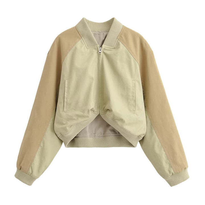 Women's Short Cut Colorblock Bomber Jacket with Raglan Sleeves and Ribbed Cuffs Mune Fashion