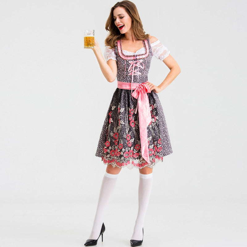 Ladies' traditional short dirndl with lace sleeves, lacing and floral apron Mune Fashion