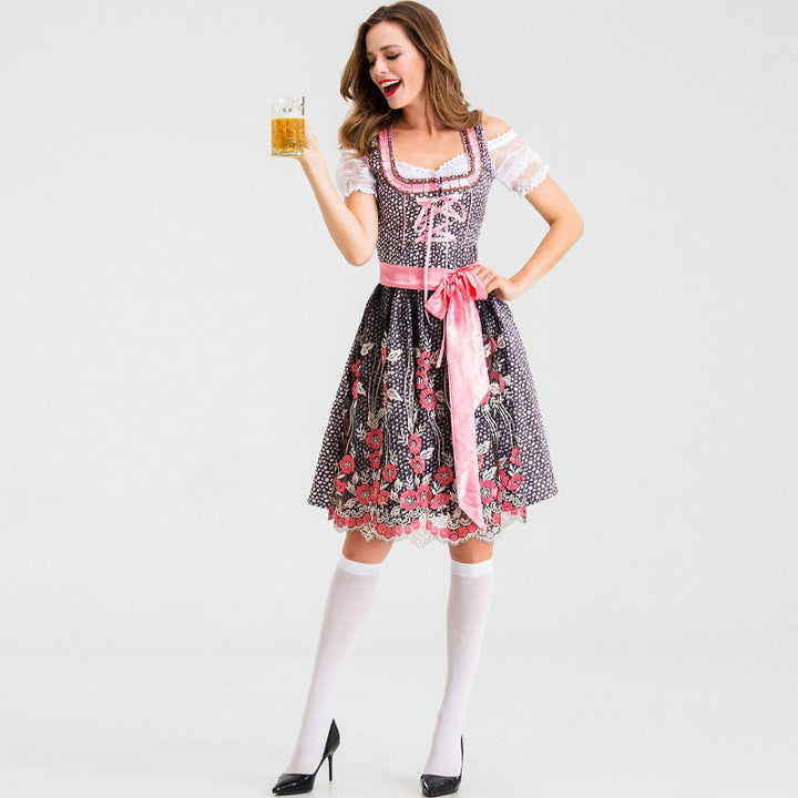 Ladies' traditional short dirndl with lace sleeves, lacing and floral apron Mune Fashion