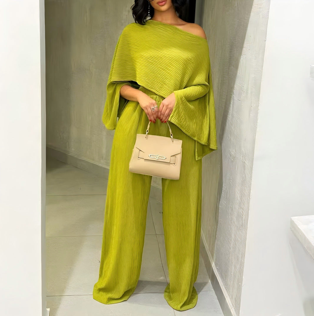 Women's Two-Piece Textured Loungewear Set with Cropped Cape Top and Maxi Skirt with Side Slit Drune