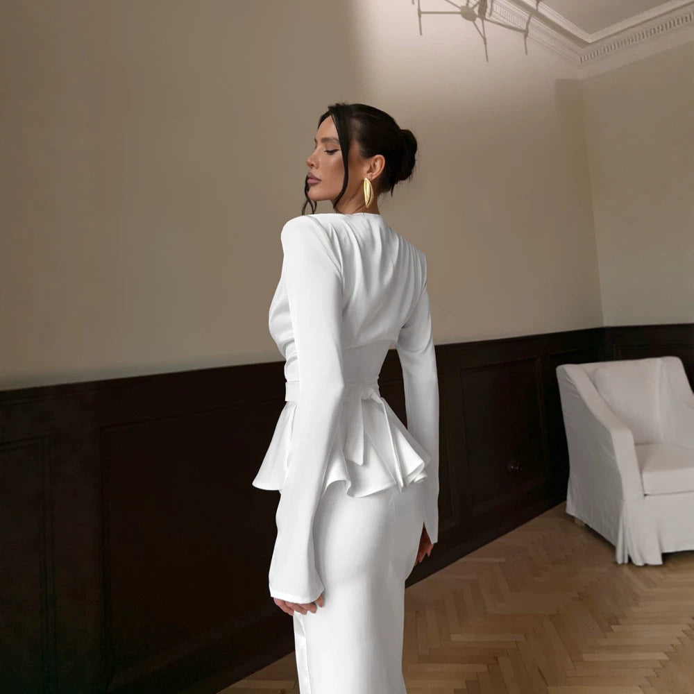 Ladies Tailored Evening Dress with Peplum Waist and Long Sleeves Mune Fashion