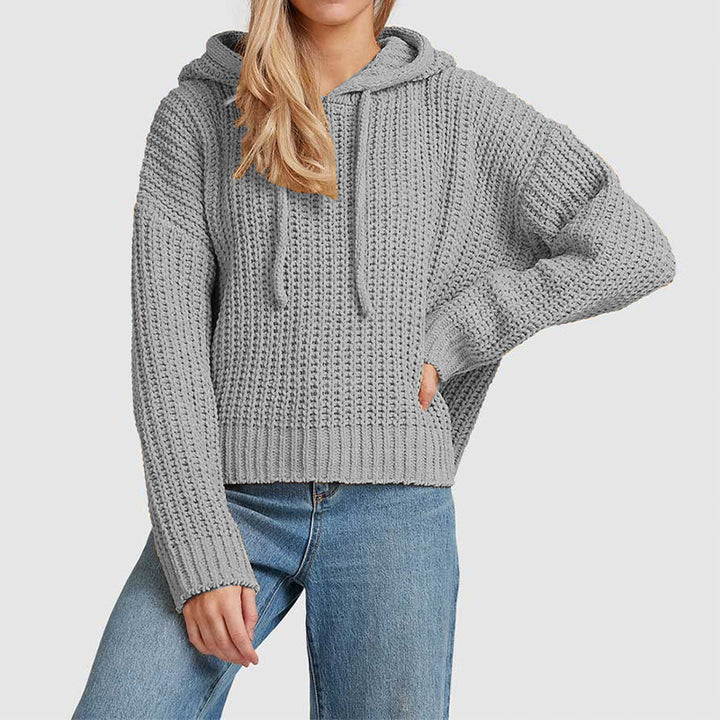 Women's chunky knit hoodie with waffle texture, dropped shoulder and short hem Mune Fashion