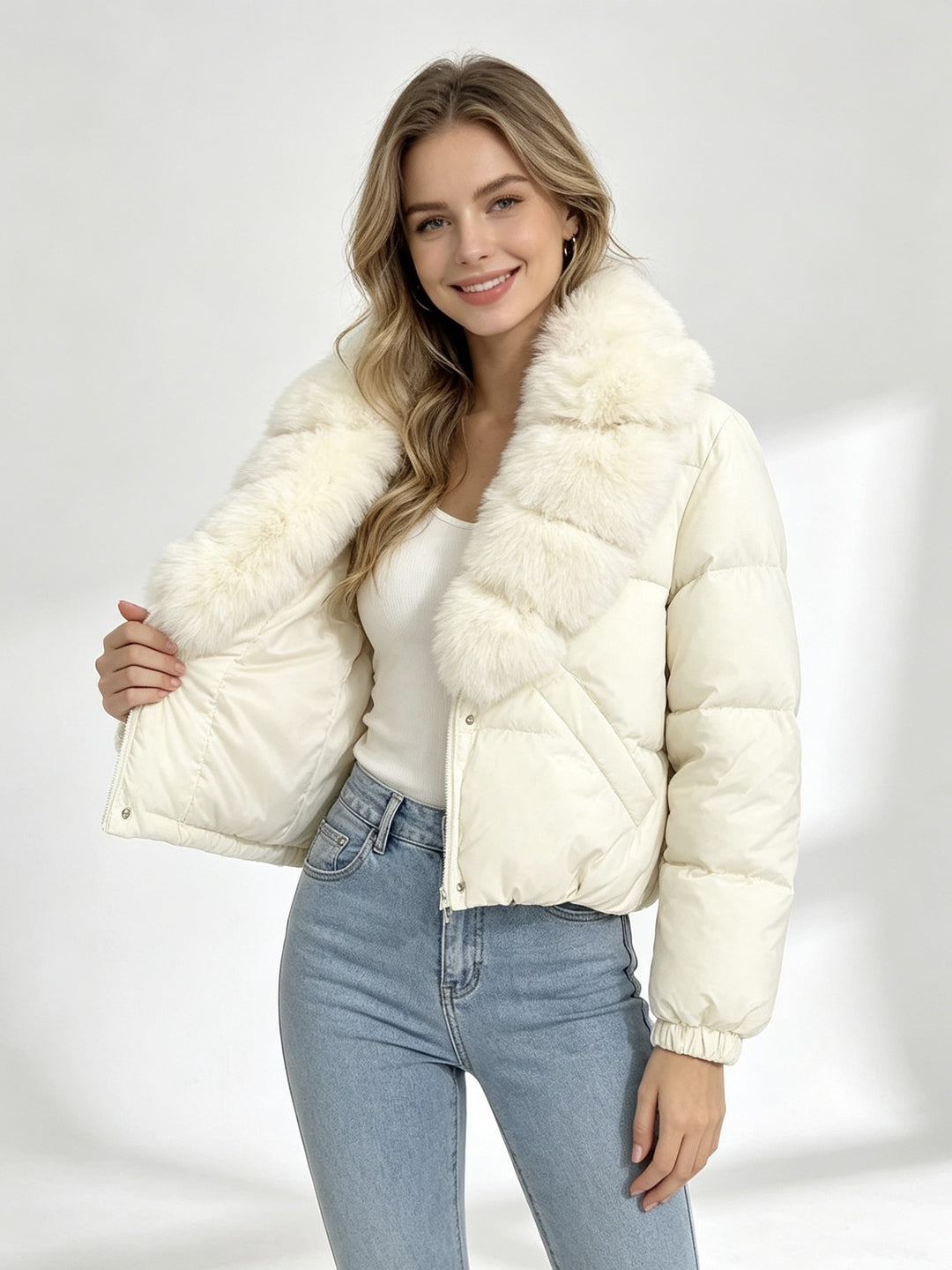 Women's cropped padded jacket with extra voluminous faux fur shawl collar and elastic cuffs Mune Fashion
