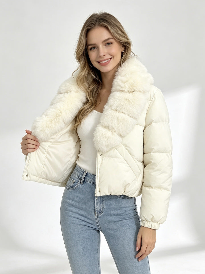 Women's cropped padded jacket with extra voluminous faux fur shawl collar and elastic cuffs Mune Fashion