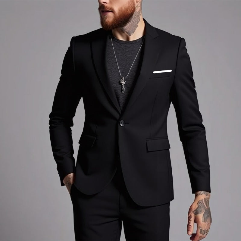 Men's Tailored One-Button Blazer made of Stretch Fabric with Narrow Lapels and Flap Pockets Mune Fashion