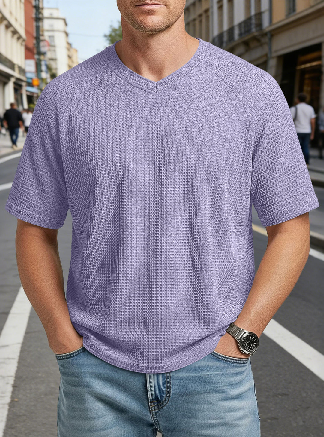 Men's casual V-neck waffle knit T-shirt made of breathable cotton blend Mune Fashion