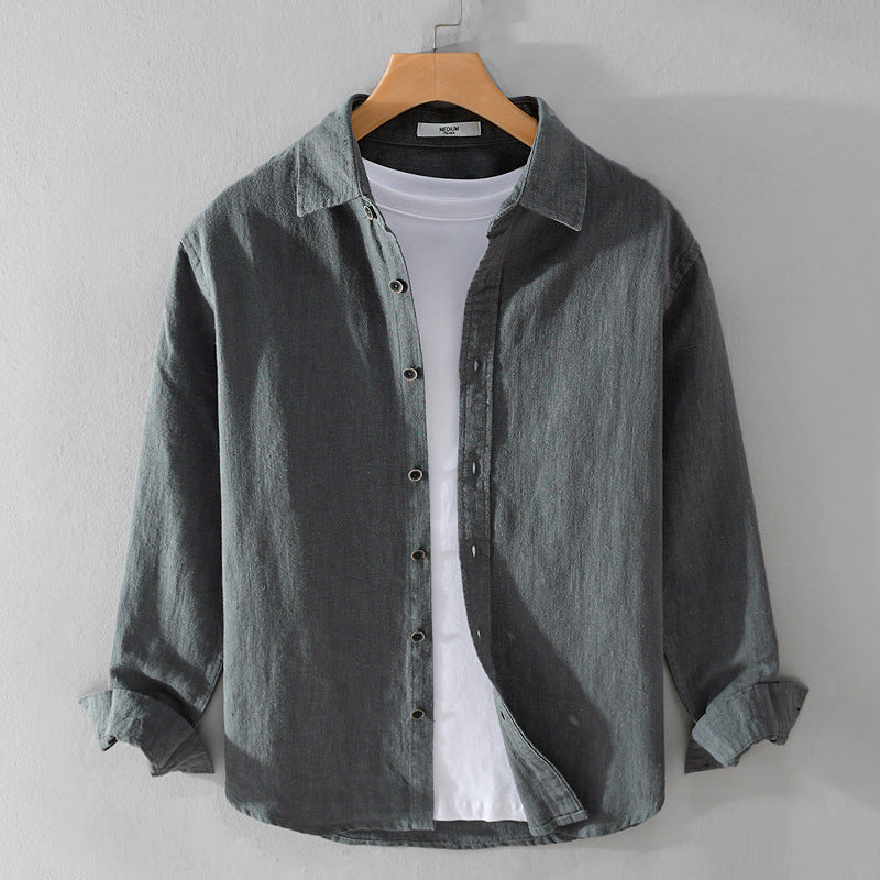 Men's Relaxed-Fit Linen Shirt with Continuous Button Placket and Shirt Collar Mune Fashion