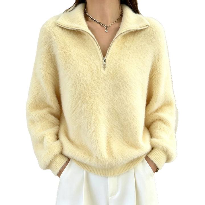 Women's Fluffy Half-Zip Sweater with Stand-Up Collar Mune Fashion