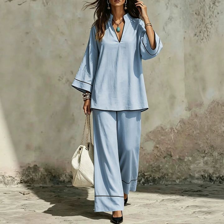Women's Casual Two-Piece Linen Look Loungewear Set with Stand Collar, V-Neck and Wide Leg Cut Mune Fashion