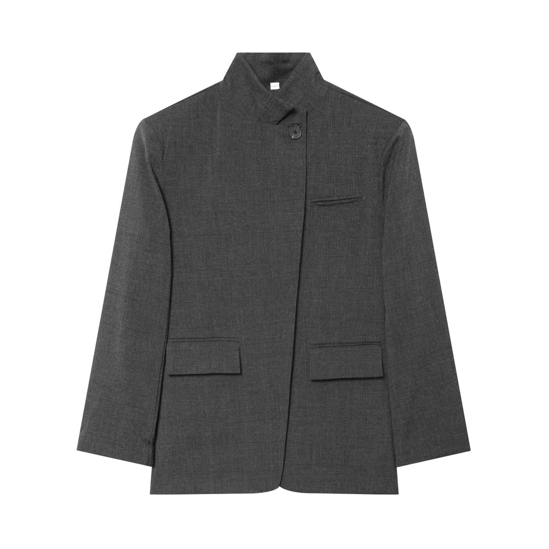 Women Checked Long Blazer with Stand Collar, Concealed Button Placket and Flap Pockets Mune Fashion