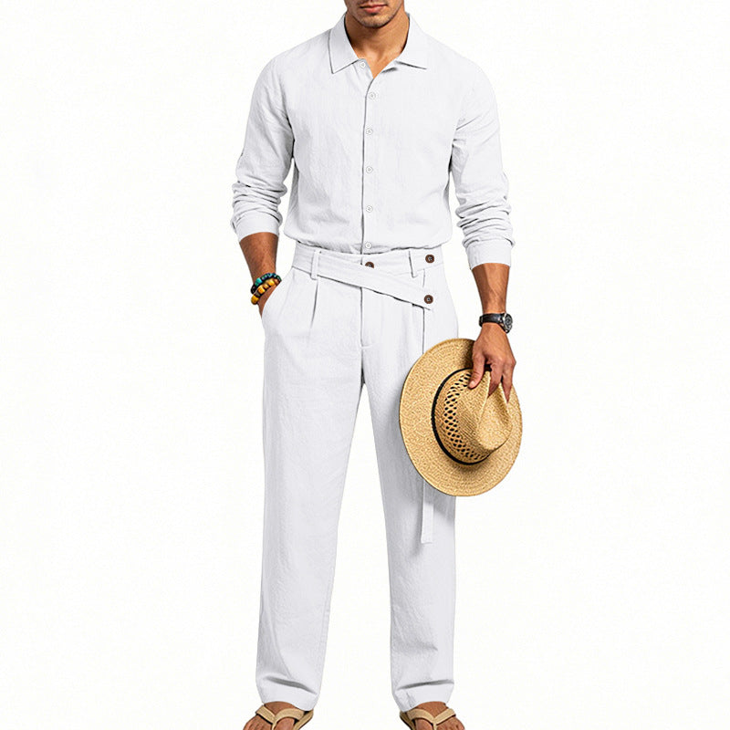 Men's elegant linen two-piece set with shirt and high-waisted pants with tie belt Mune Fashion