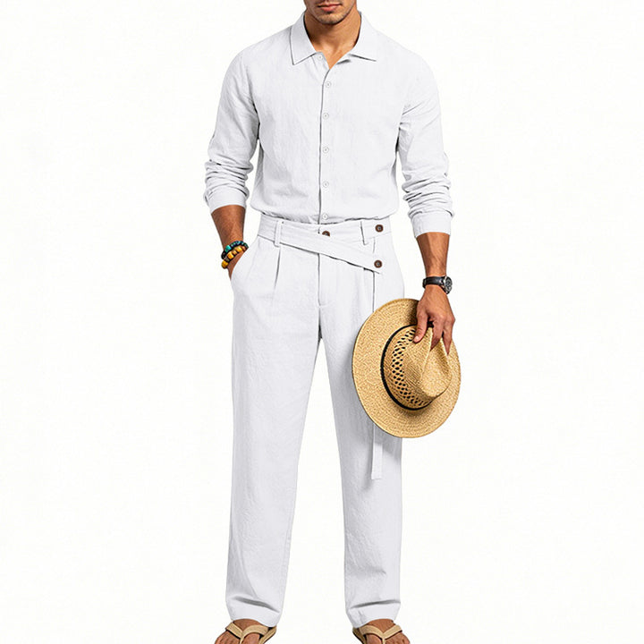 Men's elegant linen two-piece set with shirt and high-waisted pants with tie belt Mune Fashion