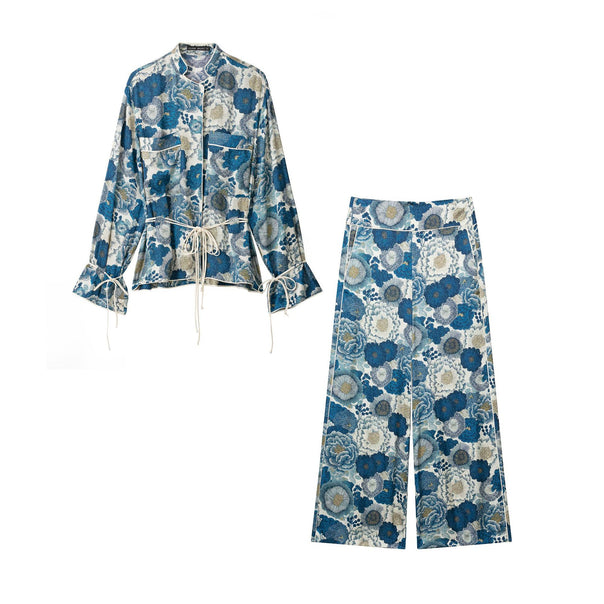 Women High-Waisted Cropped Palazzo Pants in Jacquard Woven Floral Design Mune Fashion