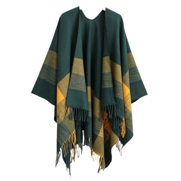 Women's cape poncho made of wool blend with sleeve slits, open front and fringe hem Mune Fashion