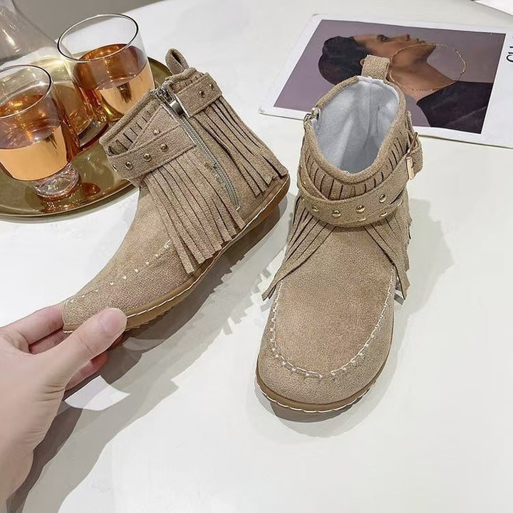 Women's Fransen-Moccasin-Ankle Boot with Decorative Strap, Buckle and Soft Rubber Sole Mune Fashion