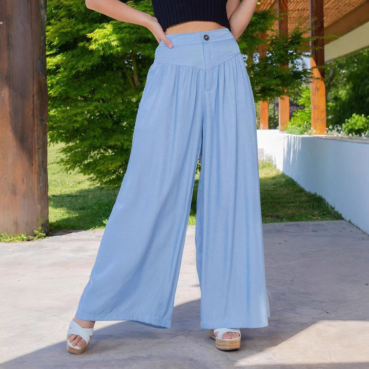 Women's high-waisted Palazzo pants with gathered yoke, wide leg and side pockets Mune Fashion