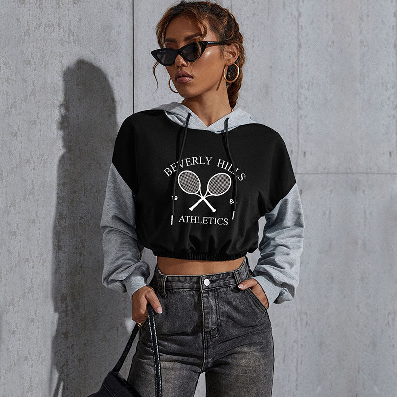 Women's Cropped Hoodie with Contrast Sleeves, Elastic Hem and Melting Smiley Print