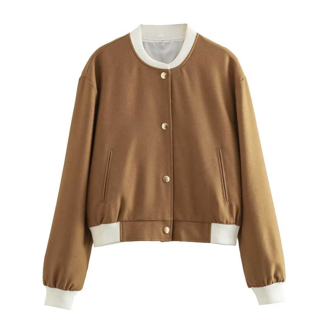 Women's Short Jacket in College Bomber Style with Concealed Snap Button Placket and Contrasting Ribbed Cuffs Mune Fashion