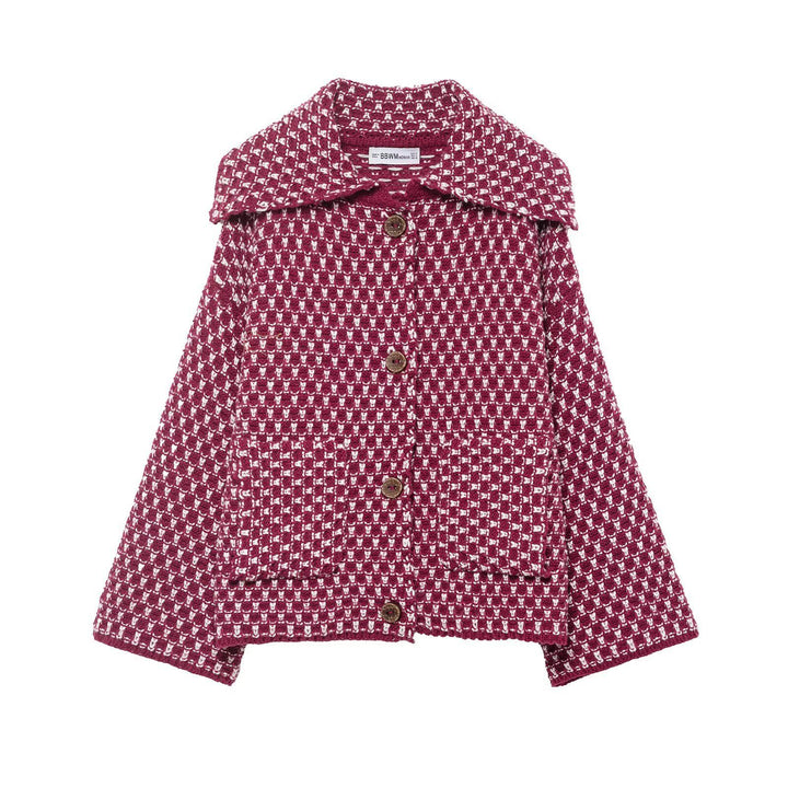 Women's casual bouclé tweed jacket with large lapel collar, patch pockets, and decorative wooden buttons Mune Fashion