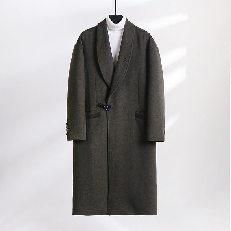Men's Floor-Length Wool Blend Coat with Wide Shawl Collar and Decorative Toggle Closure Mune Fashion