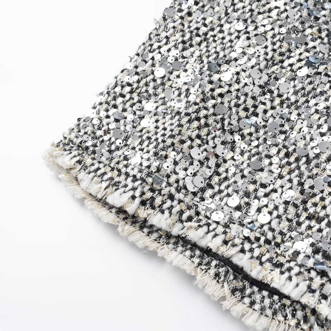 Women's short jacket in bouclé style with sequin trim and mother-of-pearl buttons Mune Fashion