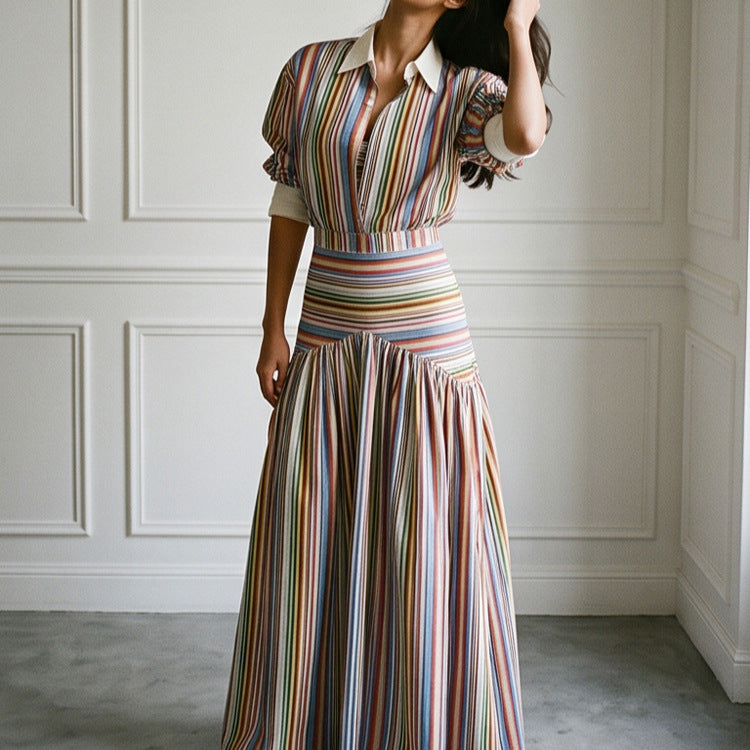 Women’s maxi dress with shirt collar, fitted waistband & layered tiered skirt Mune Fashion