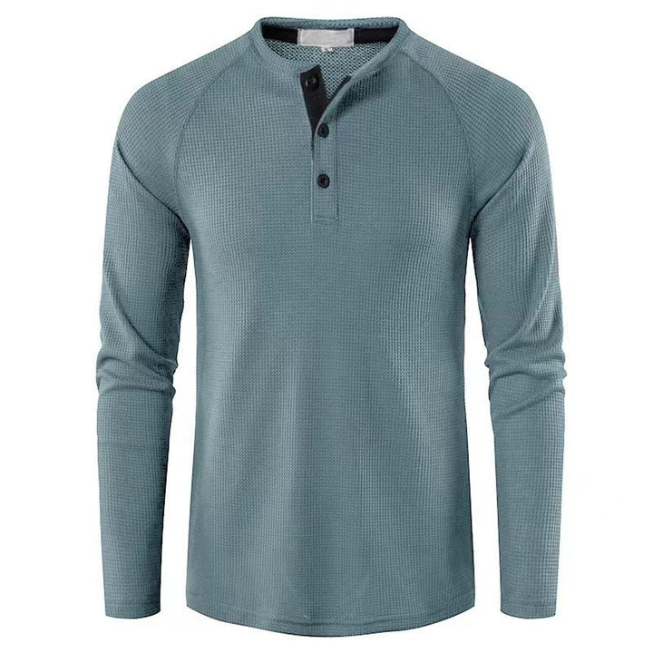 Men's structured henley long-sleeve shirt with waffle texture, half-button placket, and raglan sleeves Mune Fashion