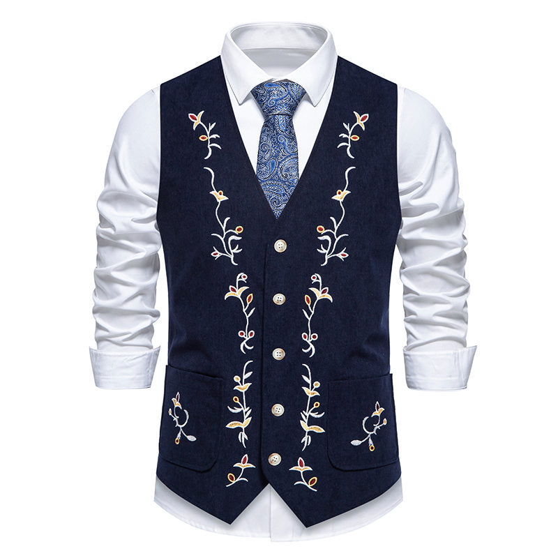 Men's Traditional Embroidered Suit Vest with V-Neck and Decorative Buttons Mune Fashion