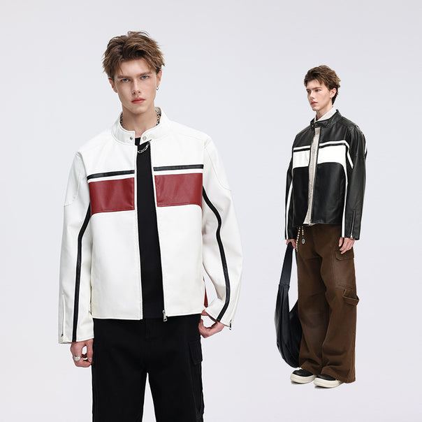Men's Faux Leather Biker Jacket with Contrast Panels and Stand-Up Collar Mune Fashion