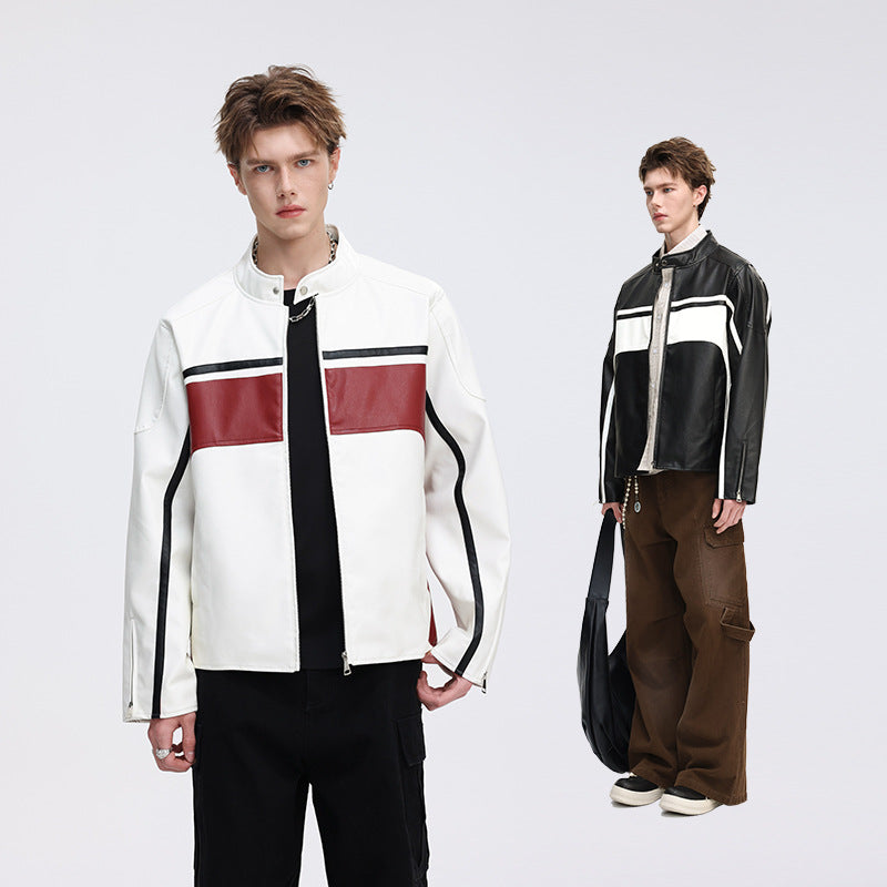 Men's Contrast Faux Leather Biker Jacket with Stand Collar and Zip Sleeves Mune Fashion