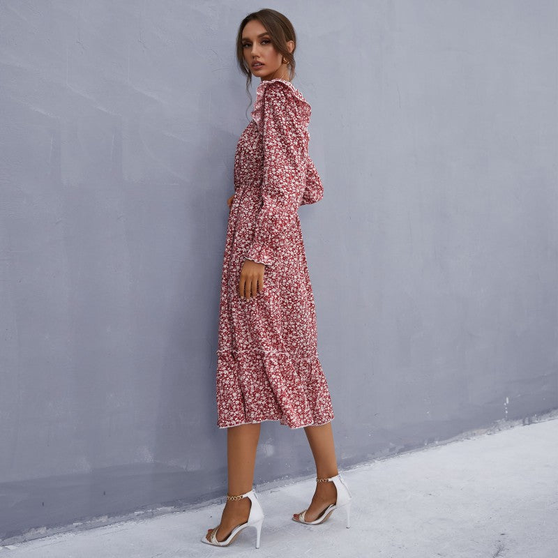 Women's midi dress in vintage style with square neckline, ruffles, and elastic waist Mune Fashion