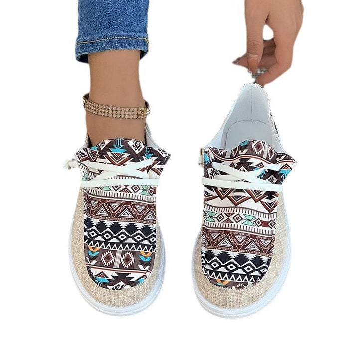 Women's lightweight espadrille sneakers with ethnic print, jute trim, and non-slip rubber sole Mune Fashion