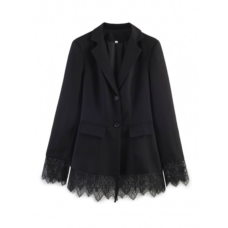 Women tailored blazer with lace trim and flared hem Mune Fashion