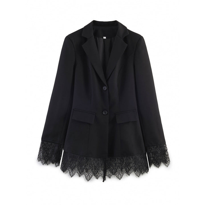 Women tailored blazer with lace trim and flared hem Mune Fashion