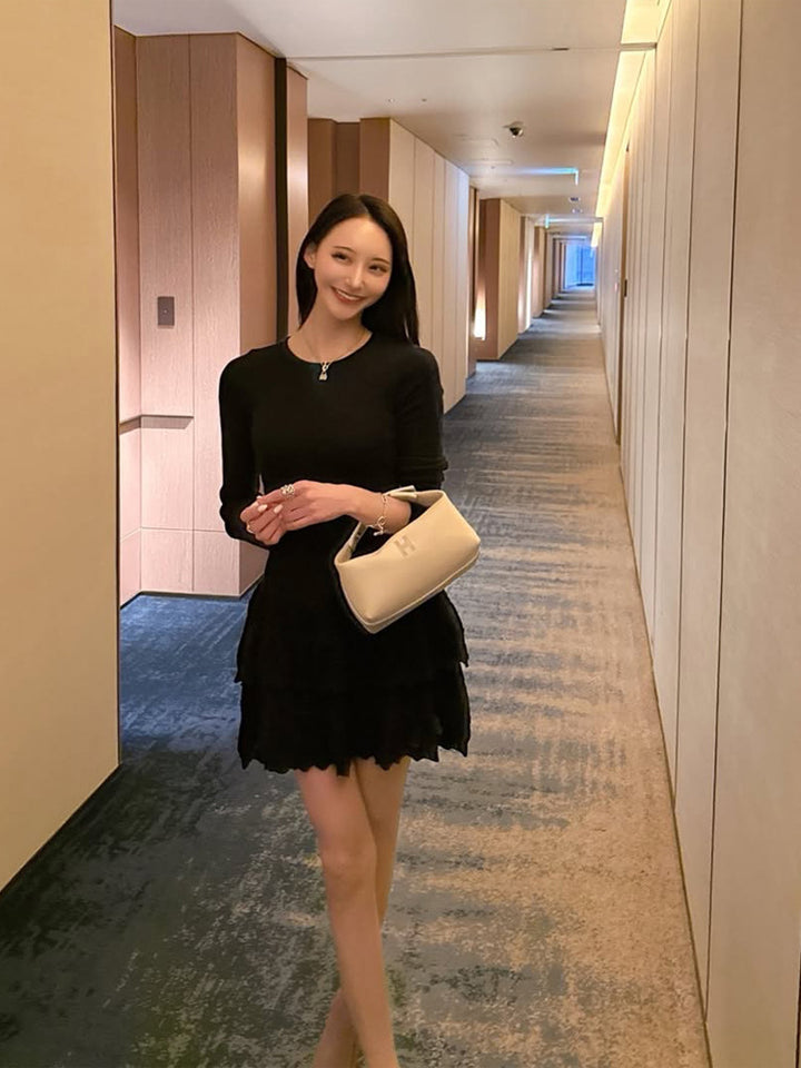 Women Figure-Hugging Knit Mini Dress with Ruffle Layers and Long Sleeves Mune Fashion