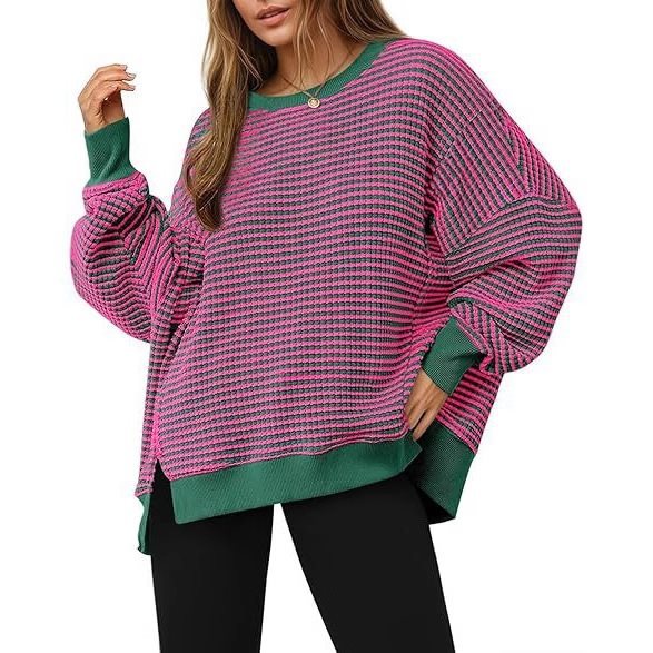 Women Striped Oversize Sweater with Round Neck and Side Slits Mune Fashion